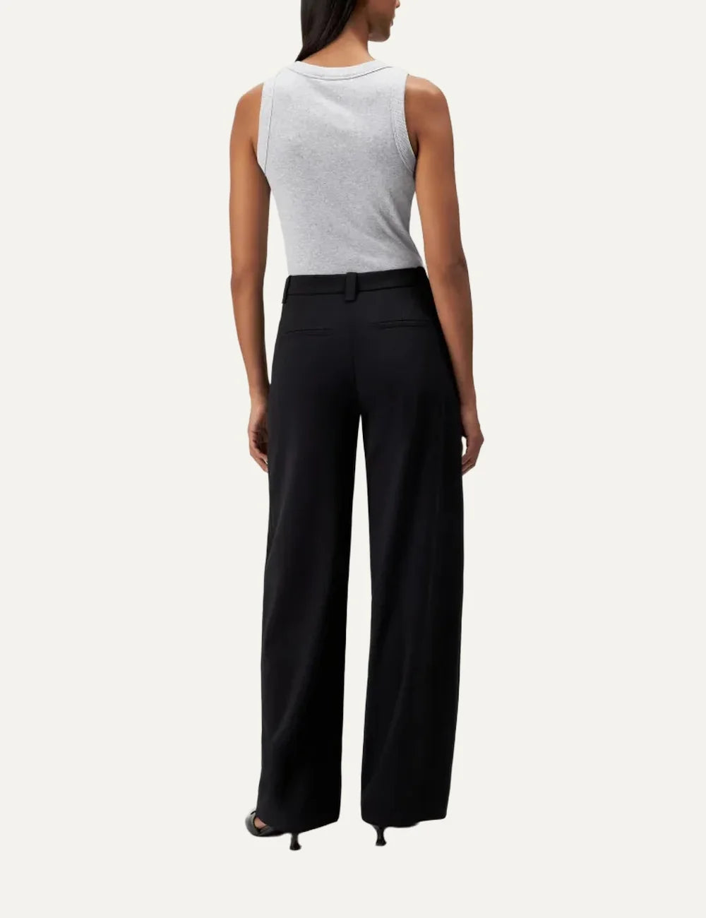 Drykorn women's black tailored trousers with front pleats, mid-rise waist, O-shaped legs and side pockets back