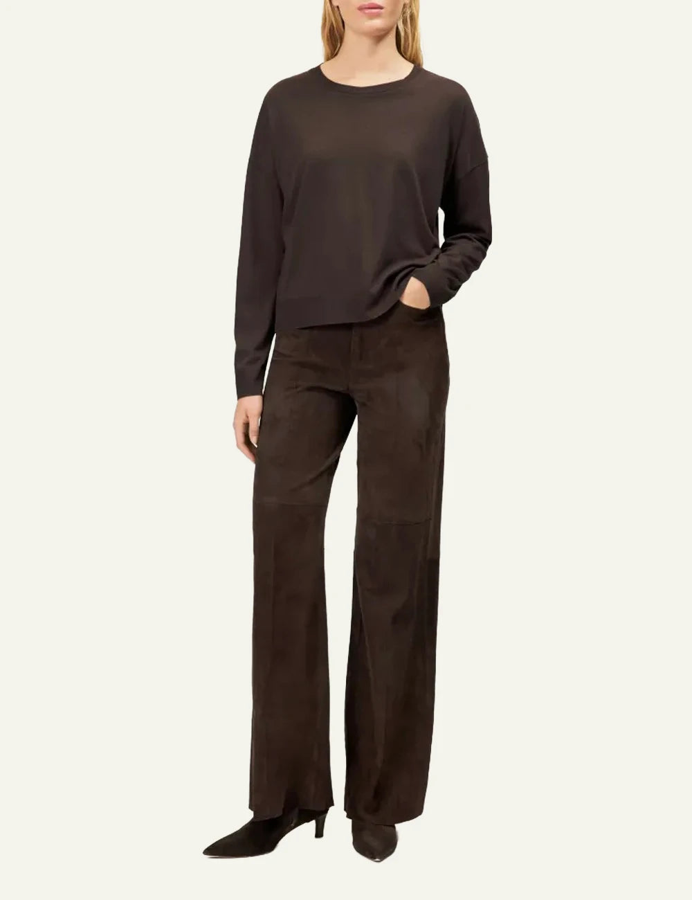 Women's Drykorn Cesidie dark brown lyocell cotton relaxed fit long sleeve top full body