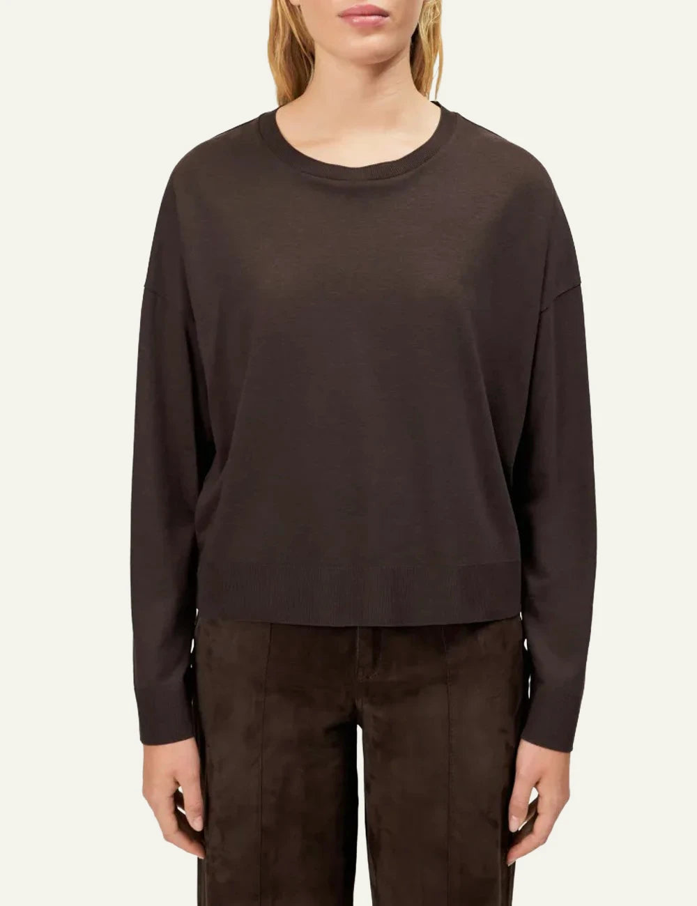Women's Drykorn Cesidie dark brown lyocell cotton relaxed fit long sleeve top model