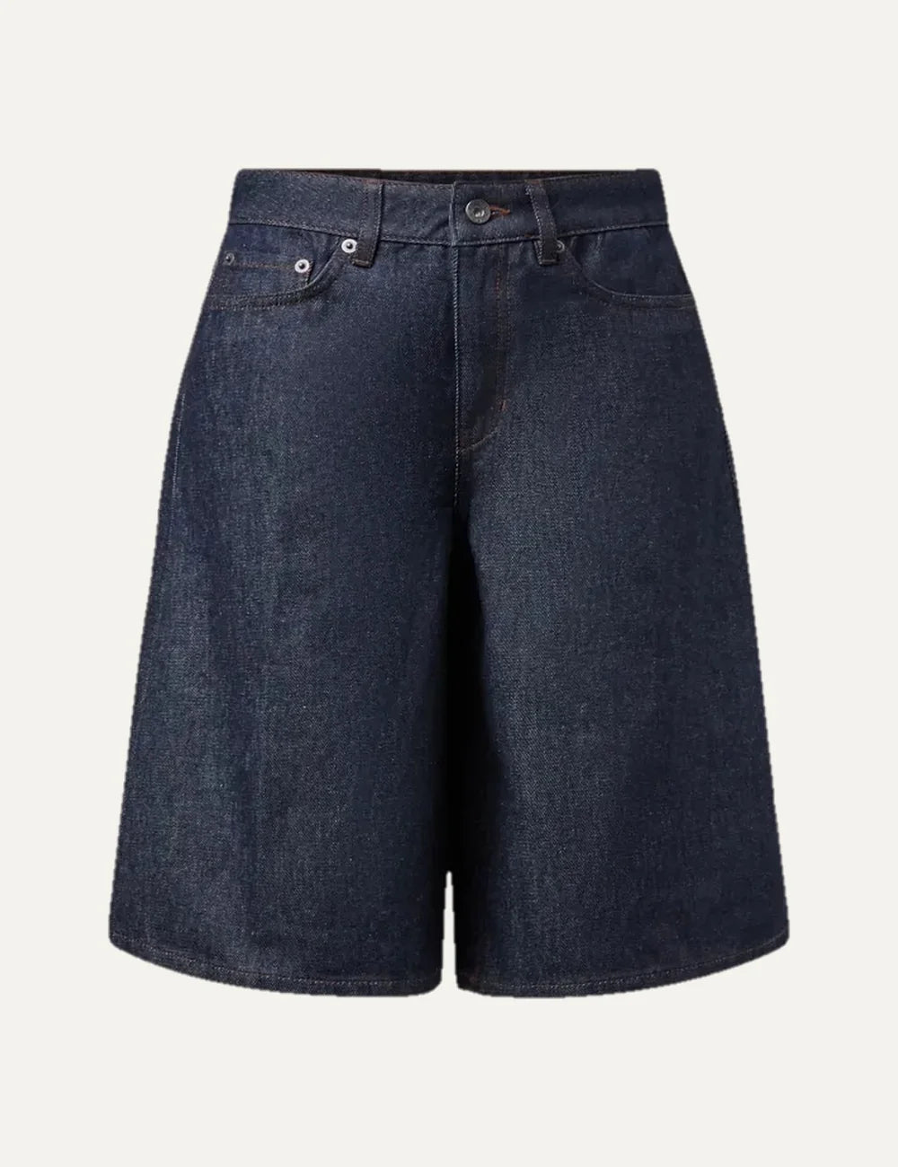 Drykorn women's dark blue denim Bermuda shorts with a relaxed fit, wide legs, mid-rise waist and five-pocket design.