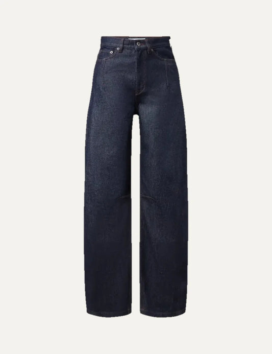 Drykorn women's dark blue high-waisted jeans with a relaxed fit, curved wide legs and classic five-pocket design.
