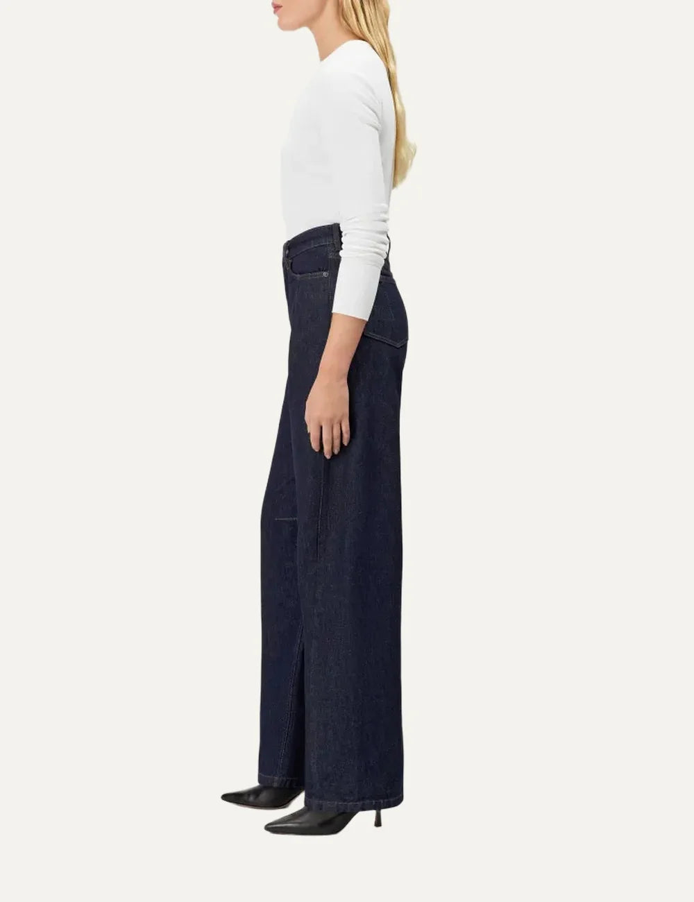 Drykorn women's dark blue high-waisted jeans with a relaxed fit, curved wide legs and classic five-pocket design side
