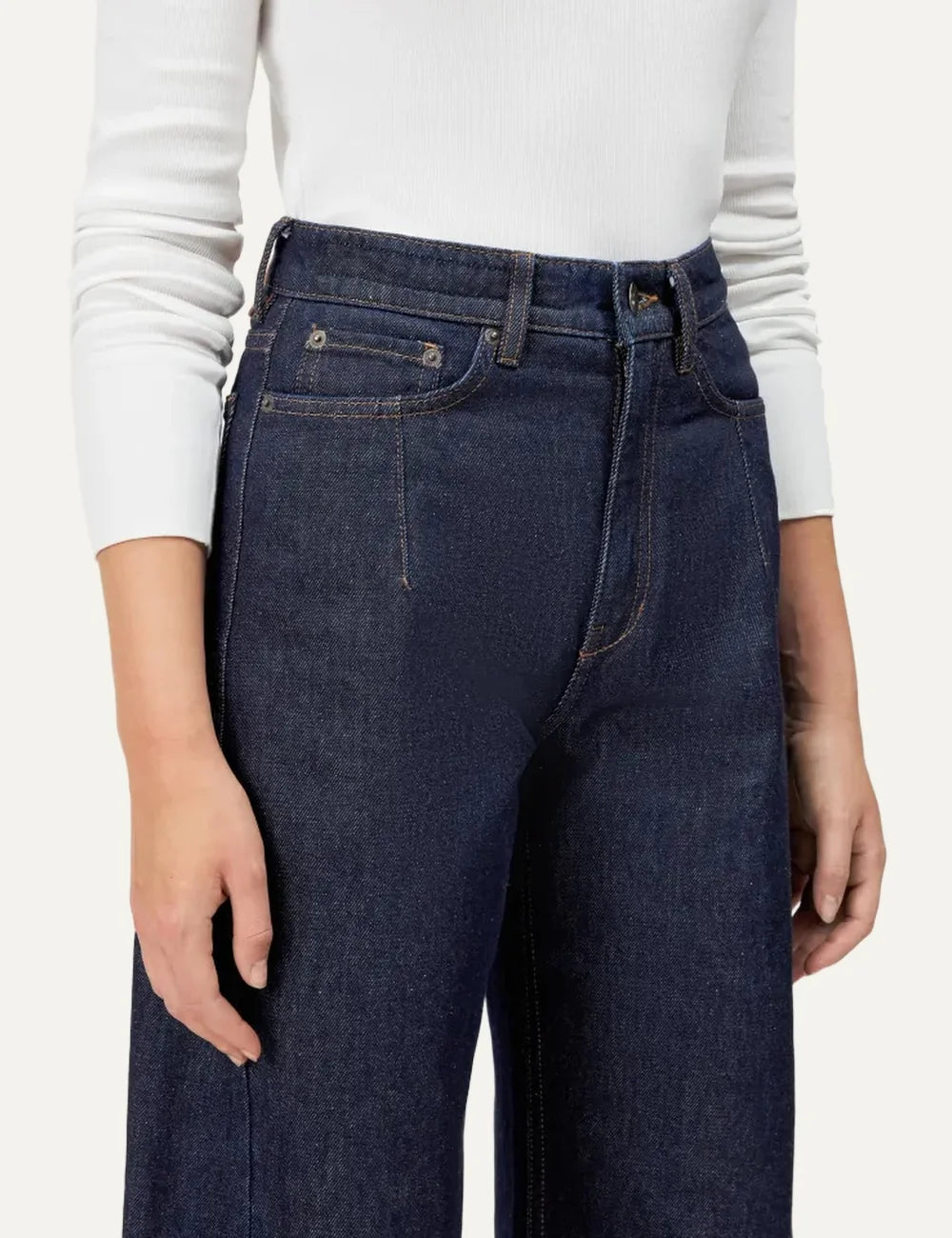 Drykorn women's dark blue high-waisted jeans with a relaxed fit, curved wide legs and classic five-pocket design detail