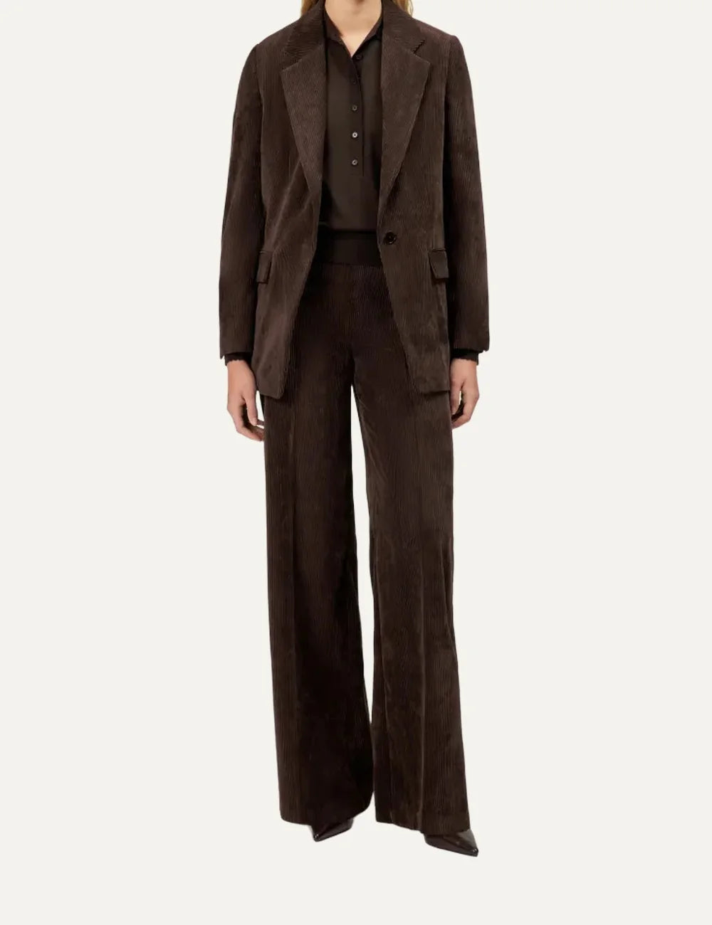 Drykorn women's dark brown Before corduroy trousers with a mid-rise waist, wide straight legs and full length full body