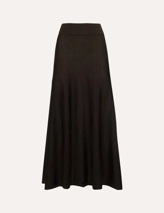 Drykorn women's dark brown knitted midi skirt with an A-line silhouette, wide elasticated waistband and softly flared hem.