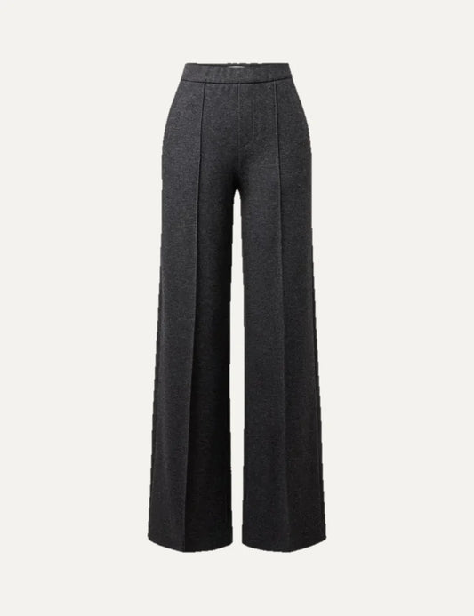 Drykorn women's dark grey melange wide-leg trousers with front pleats, pressed creases and a tailored silhouette.
