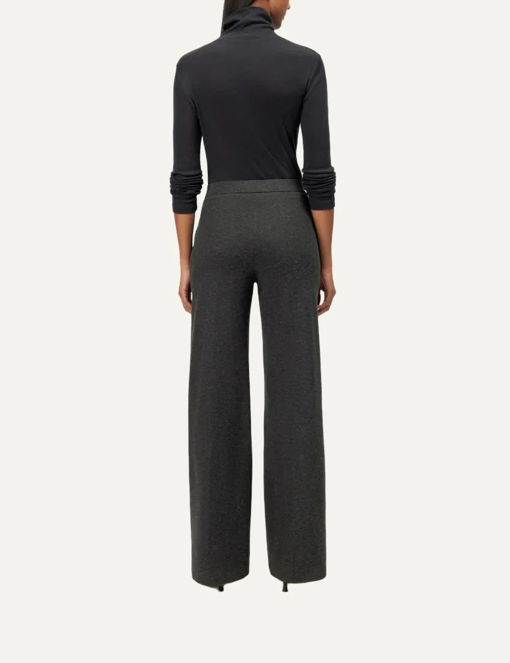 Drykorn women's dark grey melange wide-leg trousers with front pleats, pressed creases and a tailored silhouette back