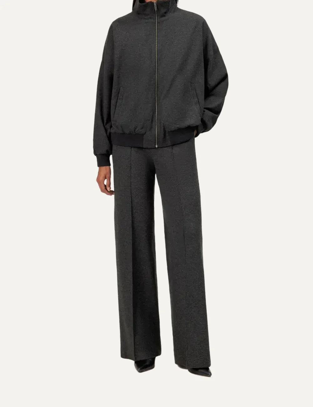Drykorn women's dark grey melange wide-leg trousers with front pleats, pressed creases and a tailored silhouette full body