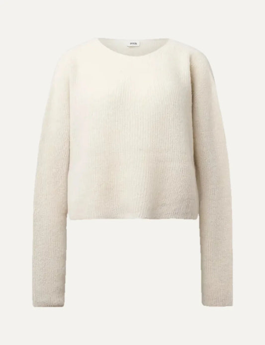Drykorn women's ecru oversized alpaca-blend knit sweater with a round neckline, dropped shoulders, long sleeves and cropped hem.