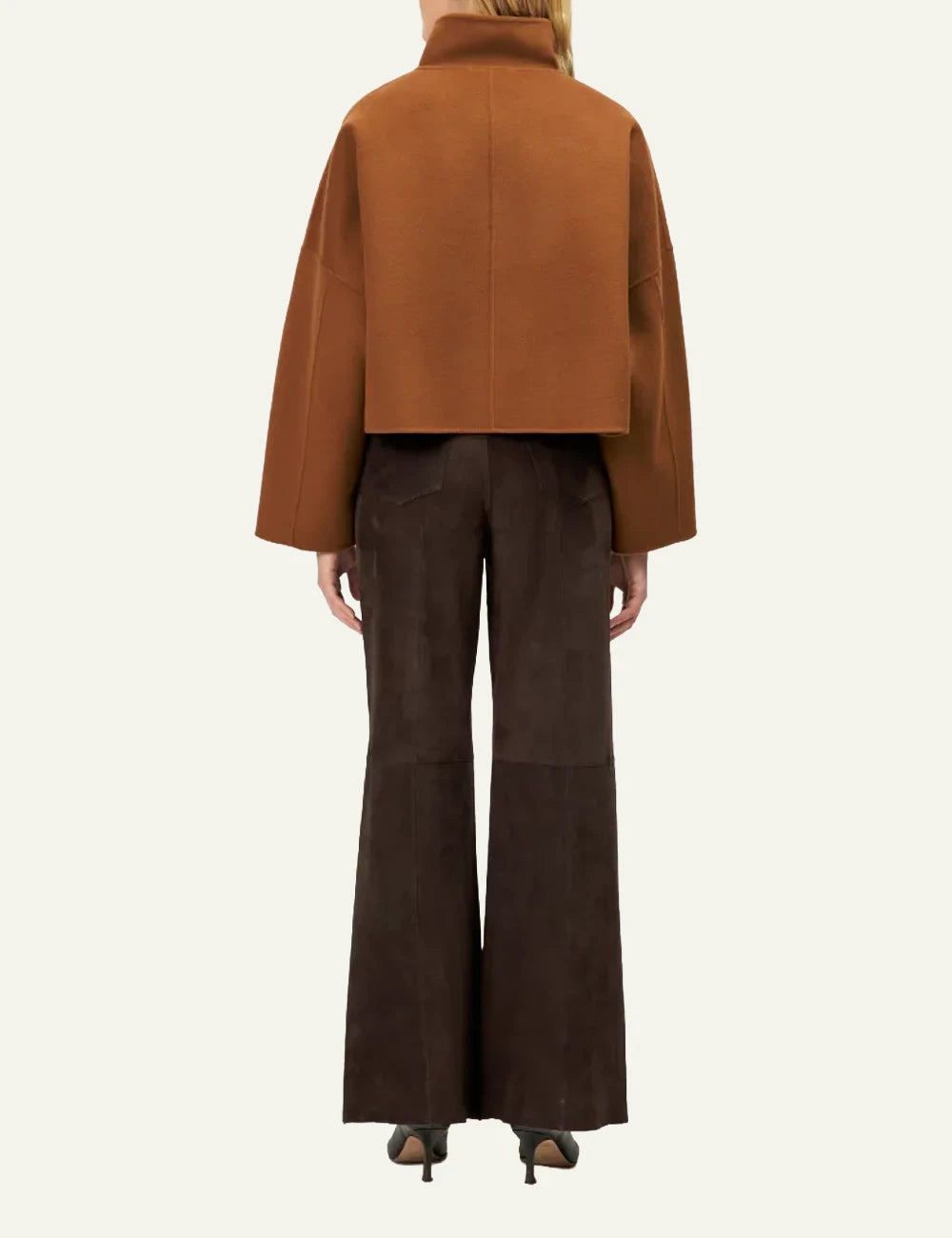 Women's DRYKORN Elstow 1 oversized cropped wool jacket in camel brown with patch pockets back