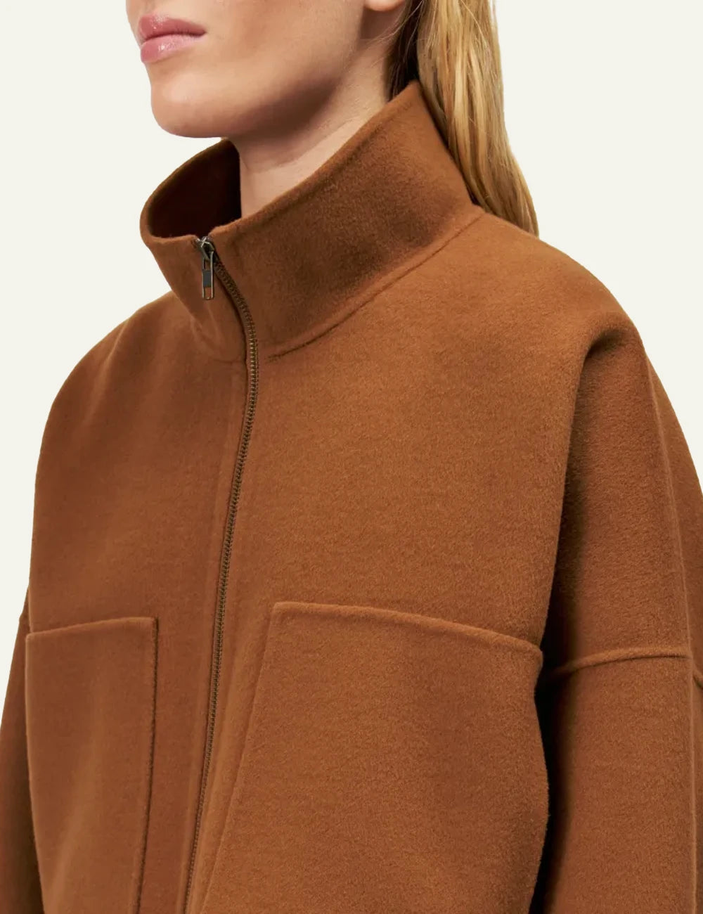 Women's DRYKORN Elstow 1 oversized cropped wool jacket in camel brown with patch pockets side