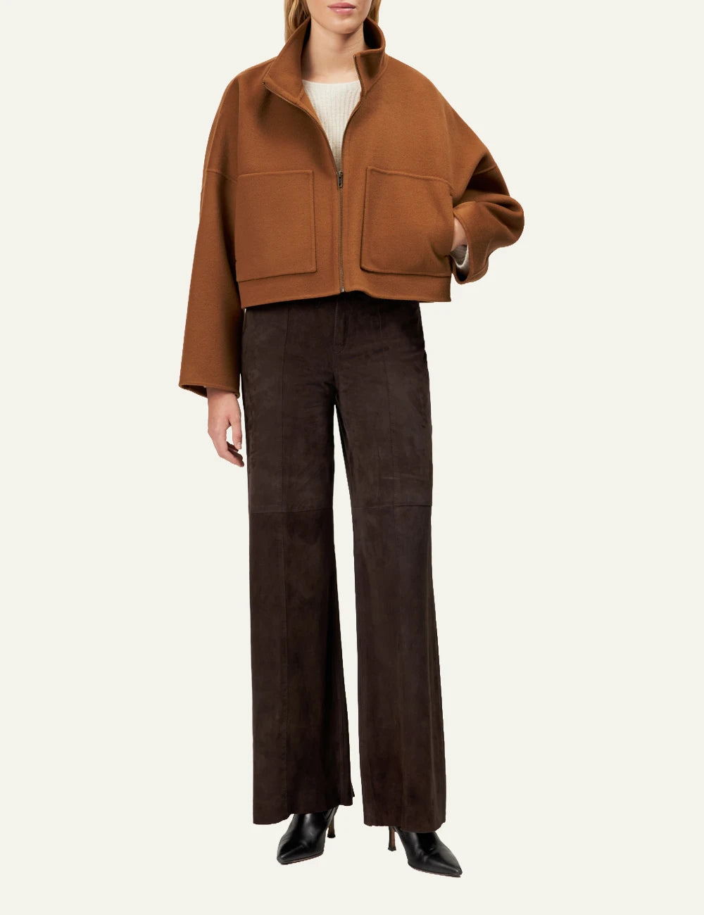 Women's DRYKORN Elstow 1 oversized cropped wool jacket in camel brown with patch pockets full body