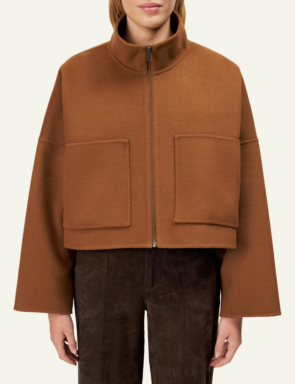Women's DRYKORN Elstow 1 oversized cropped wool jacket in camel brown with patch pockets model