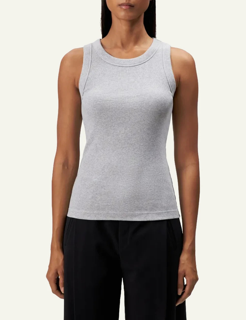 Women's DRYKORN grey melange fitted cotton jersey tank top with round neck model