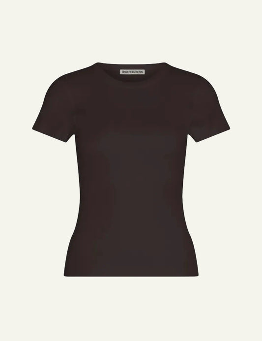 Women's DRYKORN Koale dark brown slim-fit cotton ribbed T-shirt with crew neck