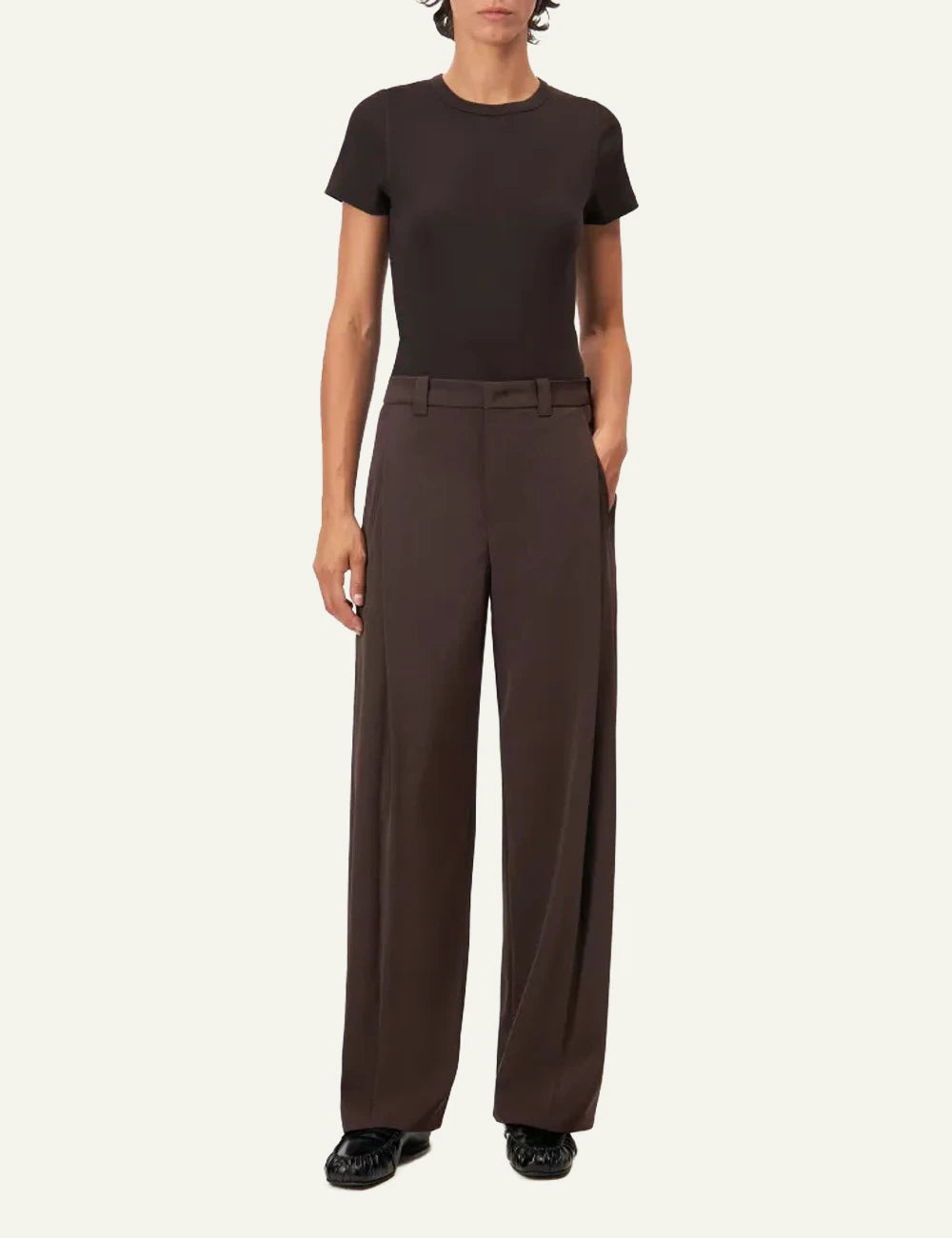 Women's DRYKORN Koale dark brown slim-fit cotton ribbed T-shirt with crew neck full body