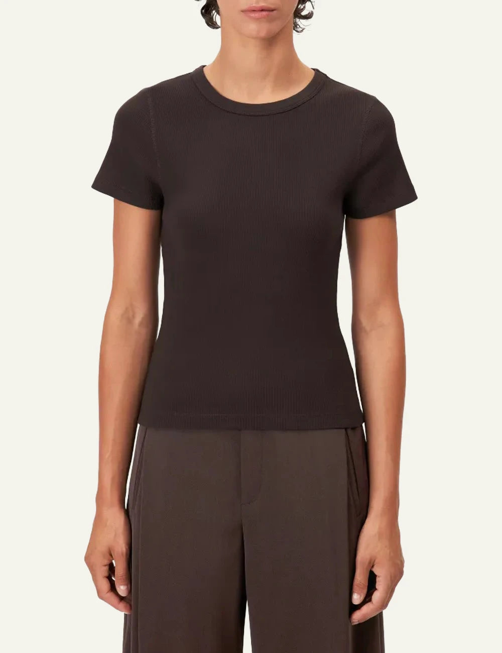 Women's DRYKORN Koale dark brown slim-fit cotton ribbed T-shirt with crew neck model