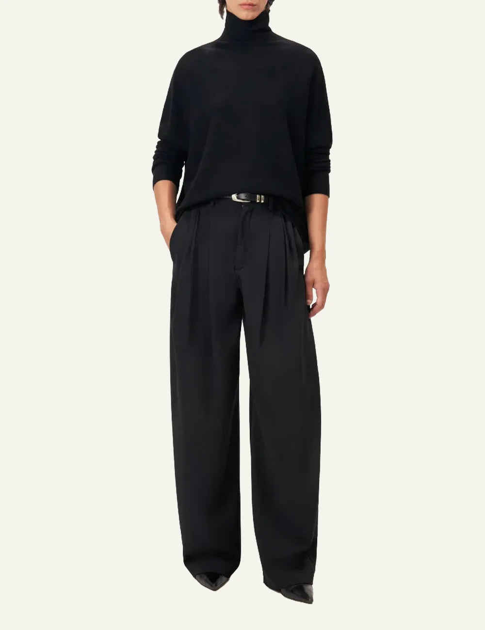 Women's DRYKORN Liora oversized merino wool turtleneck sweater in black full body