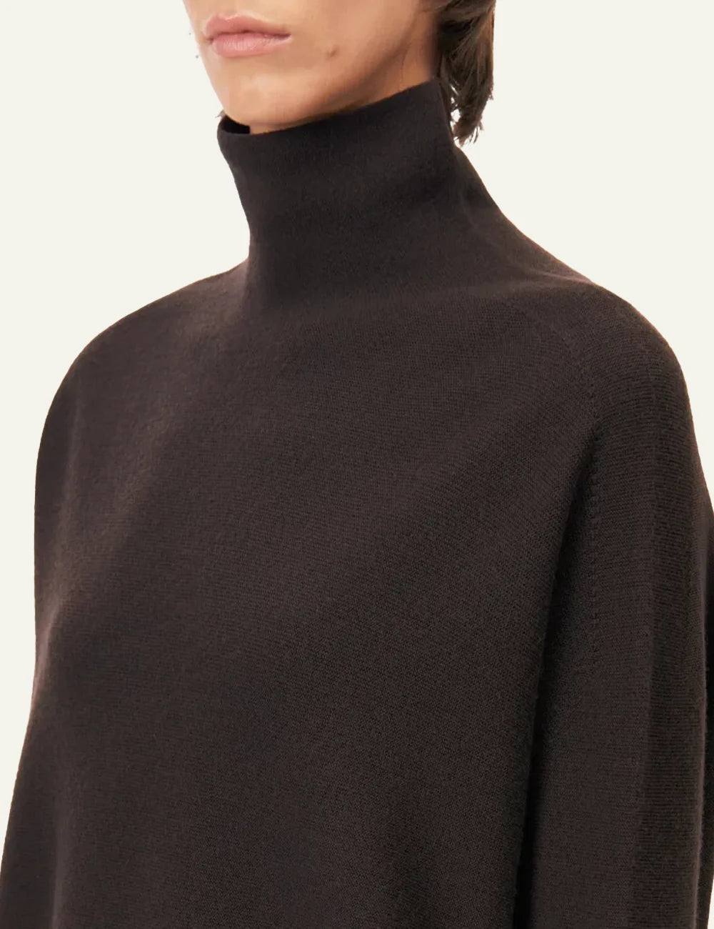 Women's DRYKORN Liora oversized merino wool turtleneck sweater in dark brown detail