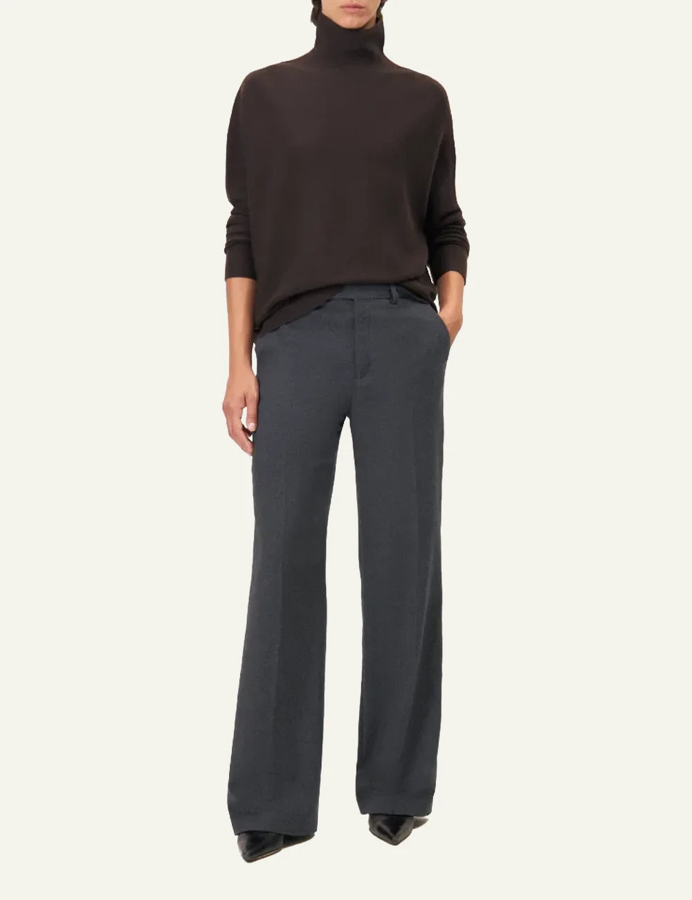Women's DRYKORN Liora oversized merino wool turtleneck sweater in dark brown full body