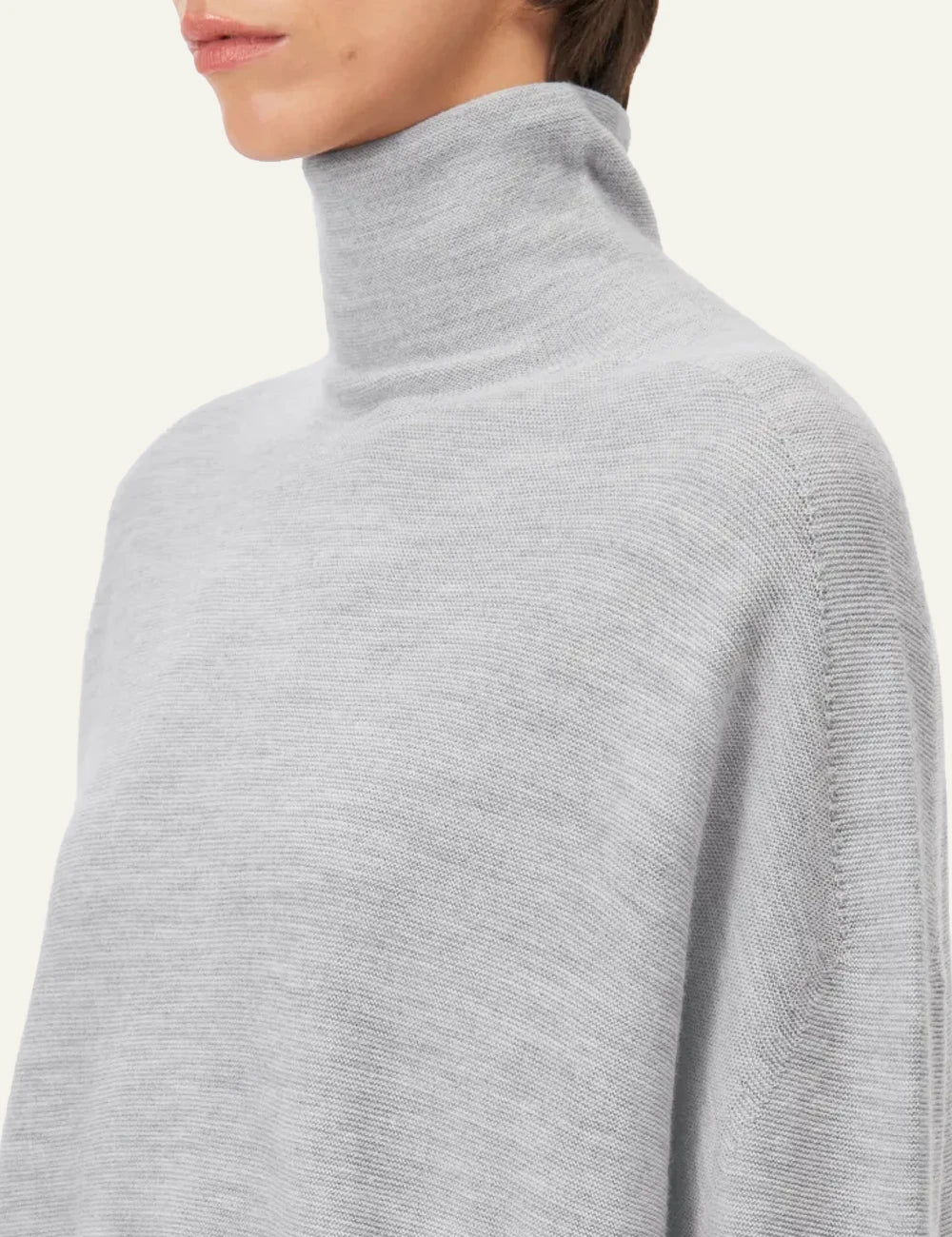 Women's DRYKORN Liora oversized merino wool turtleneck sweater in light grey detail