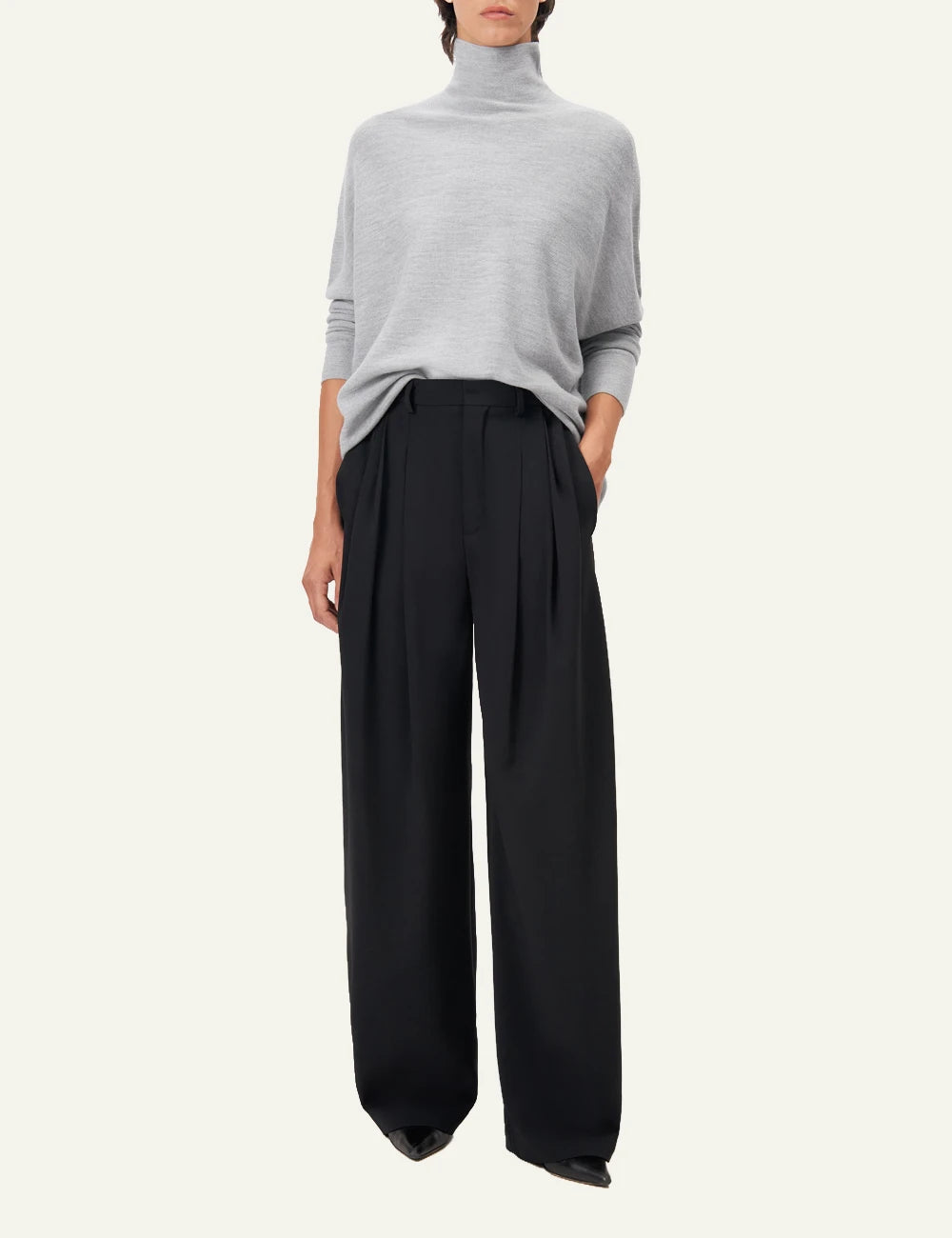 Women's DRYKORN Liora oversized merino wool turtleneck sweater in light grey full body