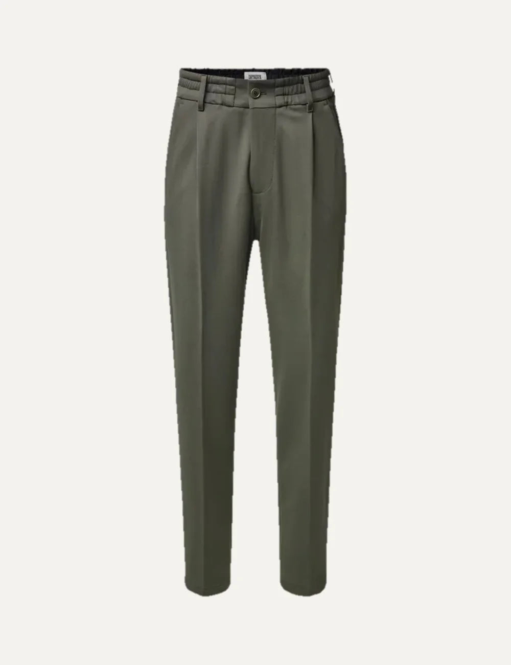 Drykorn women's olive green Chasy tailored trousers with front pleats, tapered legs, belt loops and cropped length.