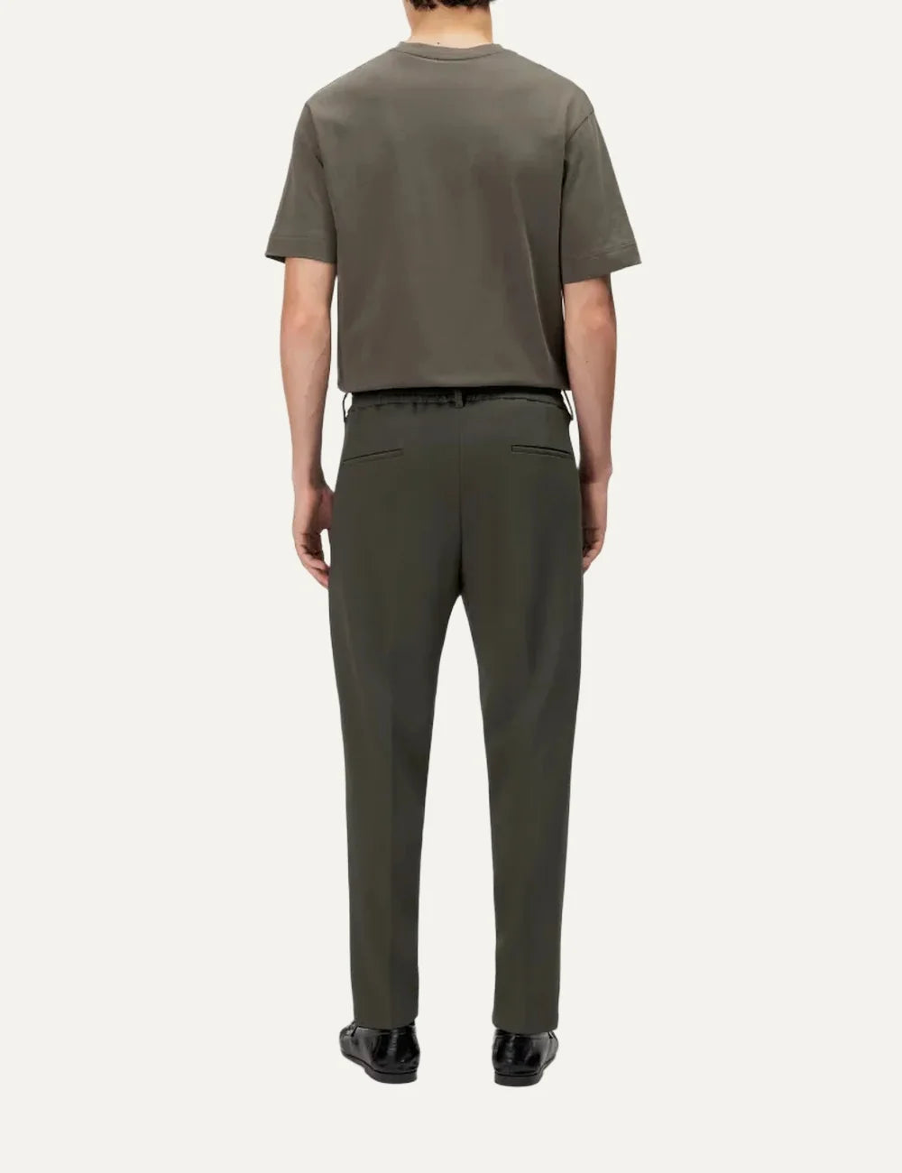 Drykorn women's olive green Chasy tailored trousers with front pleats, tapered legs, belt loops and cropped length back