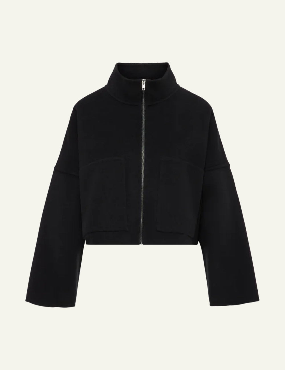 Women's DRYKORN oversized cropped wool jacket in black with stand collar and patch pockets