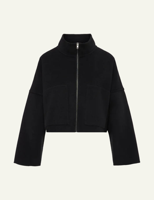 Women's DRYKORN oversized cropped wool jacket in black with stand collar and patch pockets