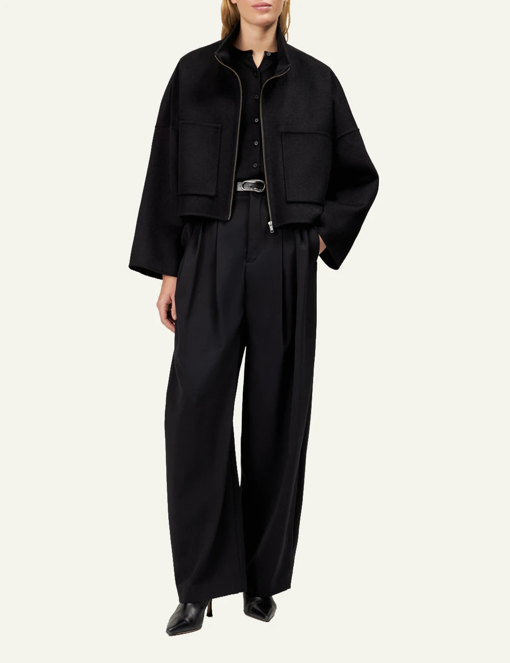 Women's DRYKORN oversized cropped wool jacket in black with stand collar and patch pockets full body