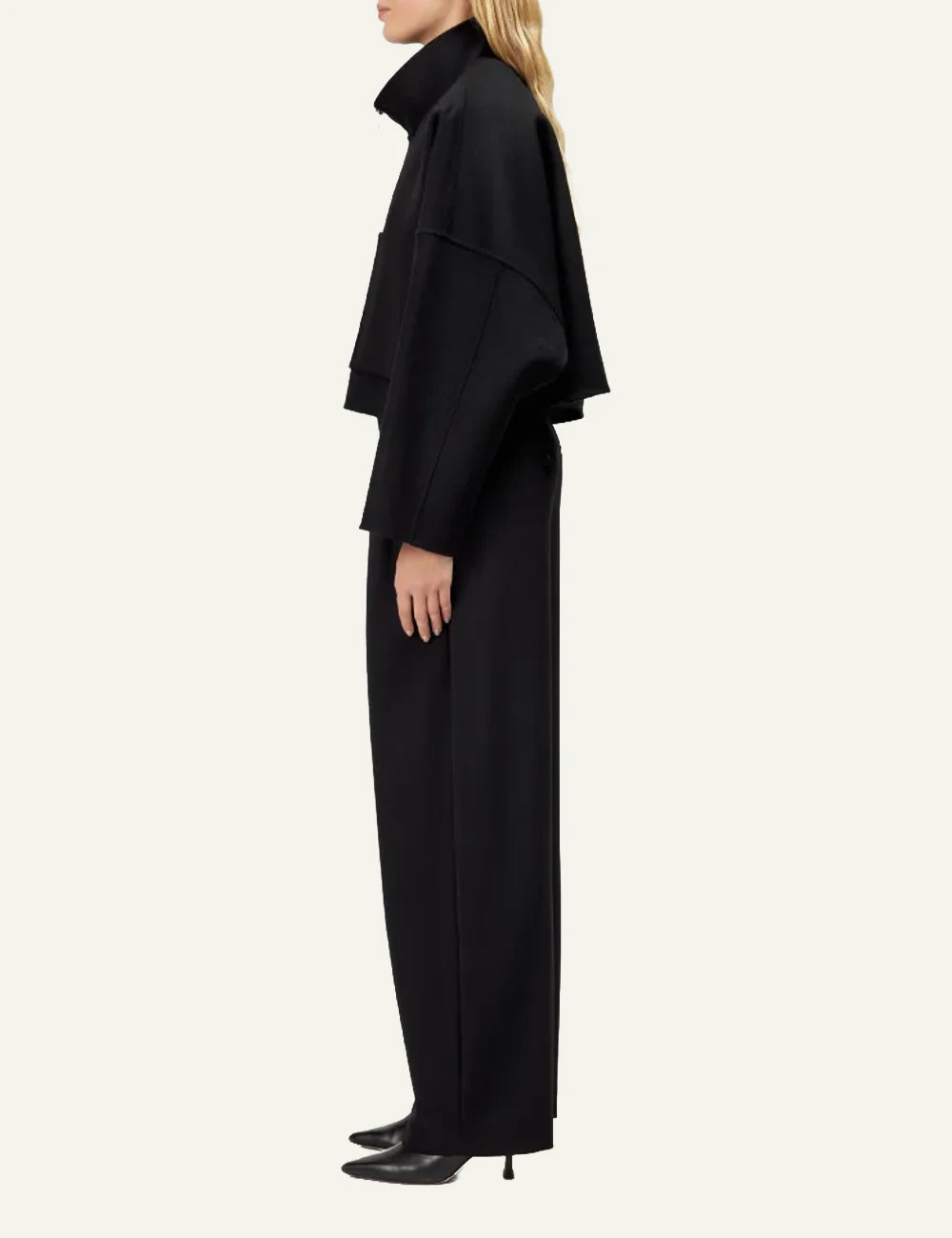 Women's DRYKORN oversized cropped wool jacket in black with stand collar and patch pockets side