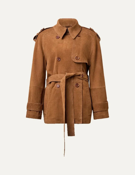 Drykorn women's Penley tan suede-effect leather short trench coat with double-breasted buttons, shoulder epaulettes and a tie waist belt.