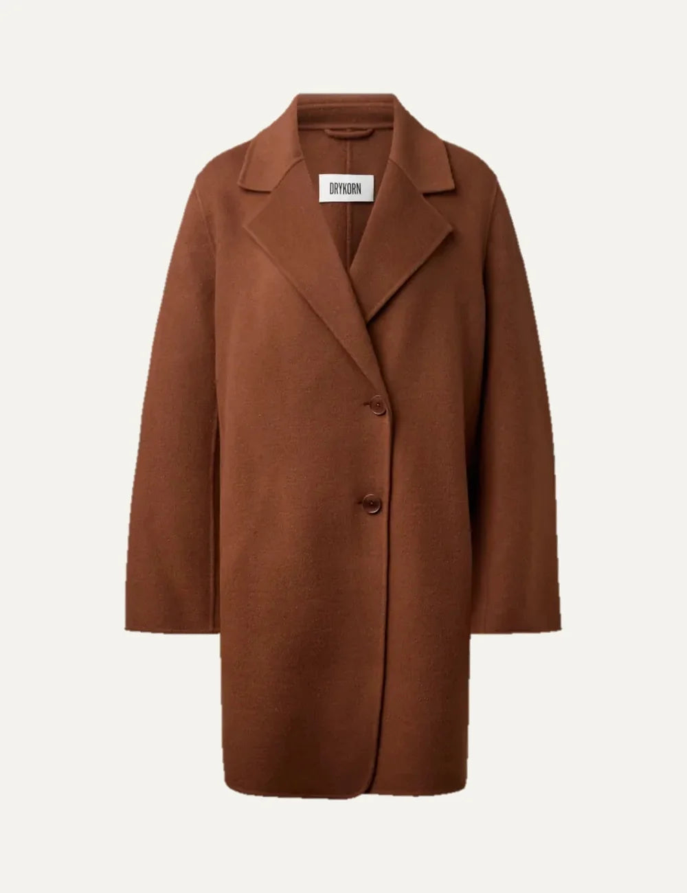 Drykorn women's Ryton brown wool blend coat with a relaxed fit, notched lapels, long sleeves and two-button front closure.