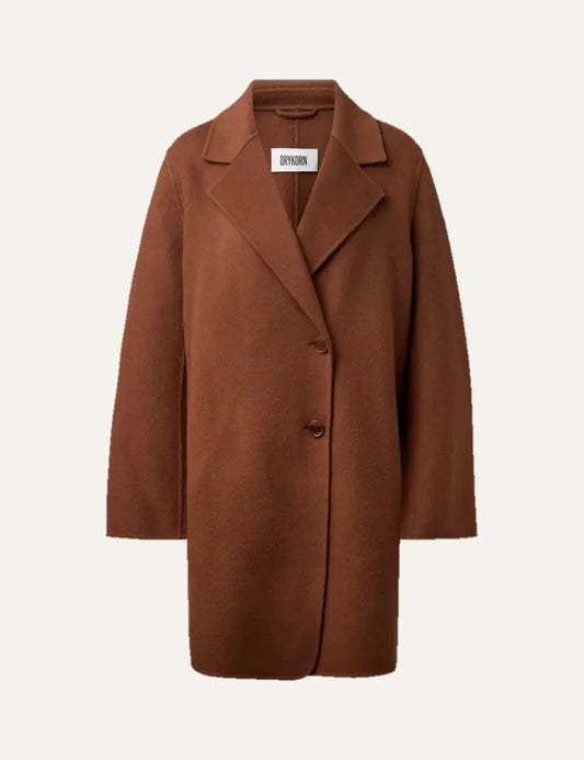 Drykorn women's Ryton brown wool blend coat with a relaxed fit, notched lapels, long sleeves and two-button front closure.