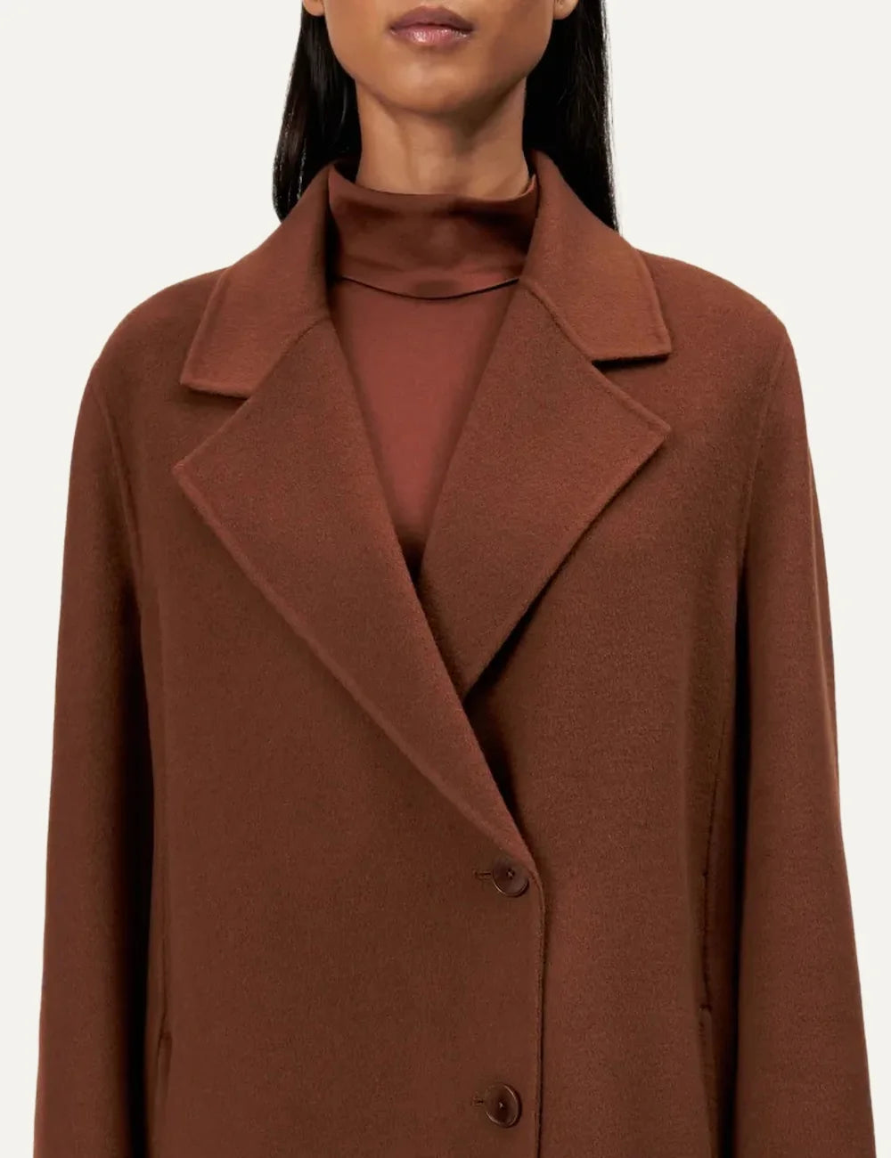 Drykorn women's Ryton brown wool blend coat with a relaxed fit, notched lapels, long sleeves and two-button front closure detail