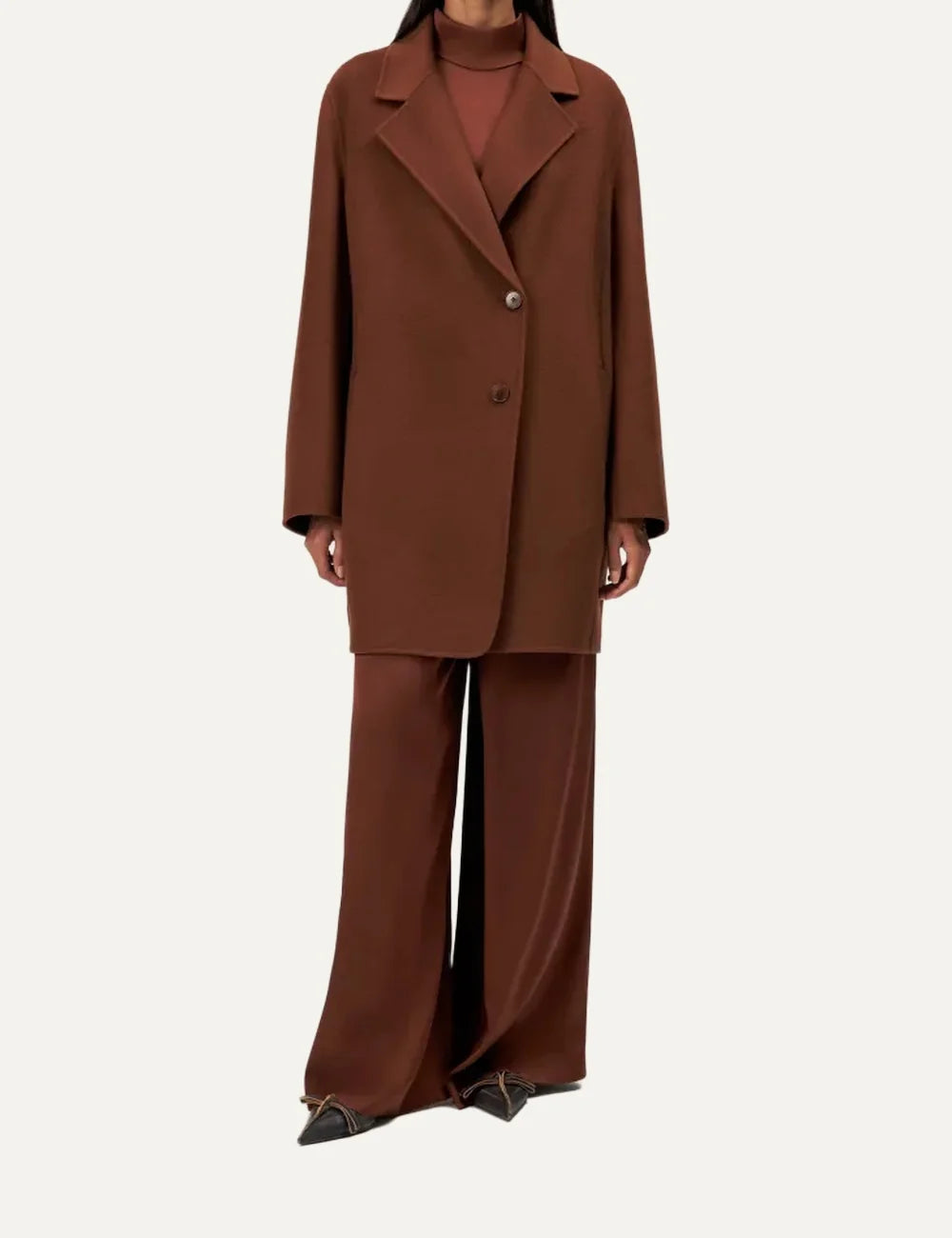 Drykorn women's Ryton brown wool blend coat with a relaxed fit, notched lapels, long sleeves and two-button front closure model