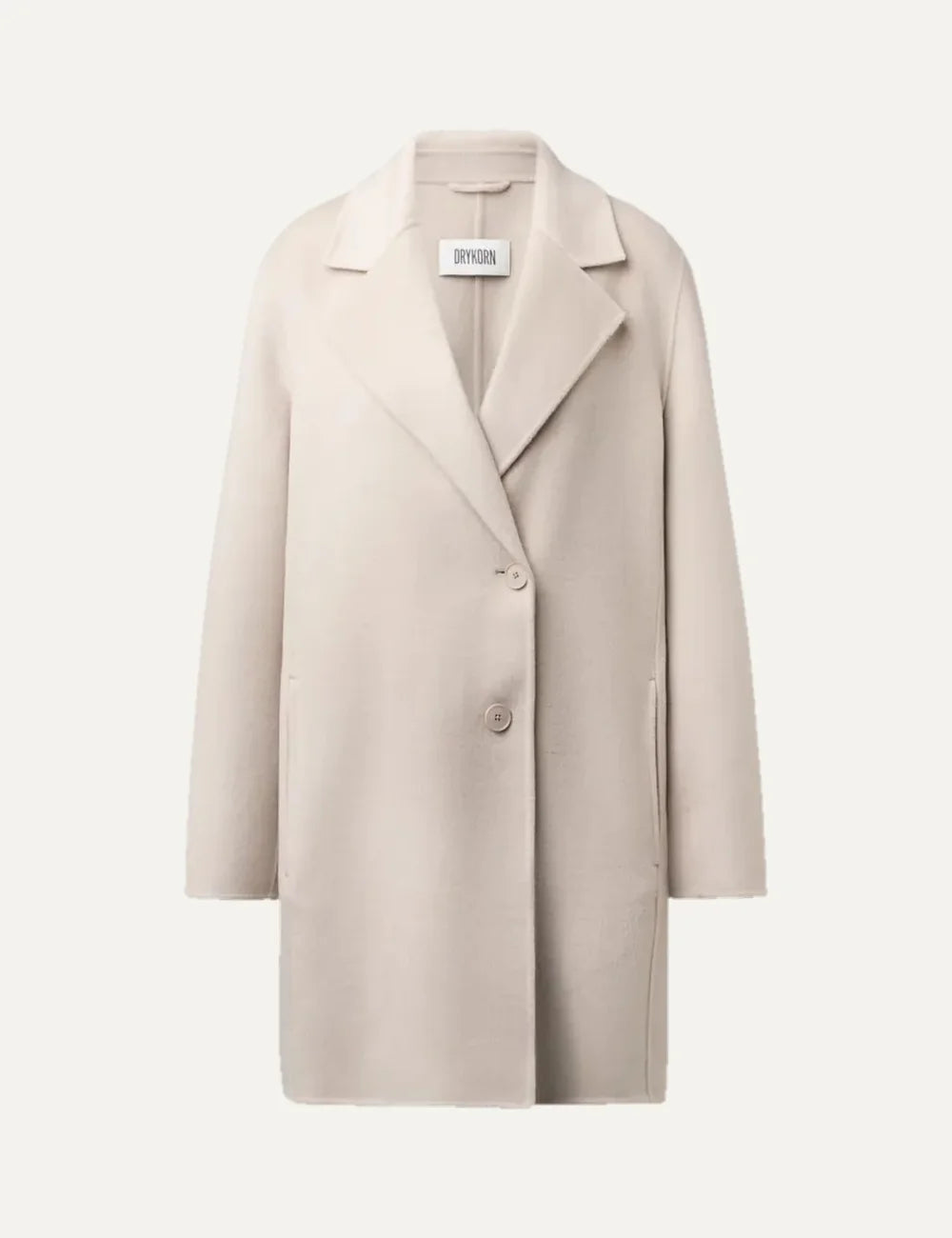 Drykorn women's Ryton ecru wool blend coat with a relaxed fit, notched lapels, two-button front closure and side pockets.