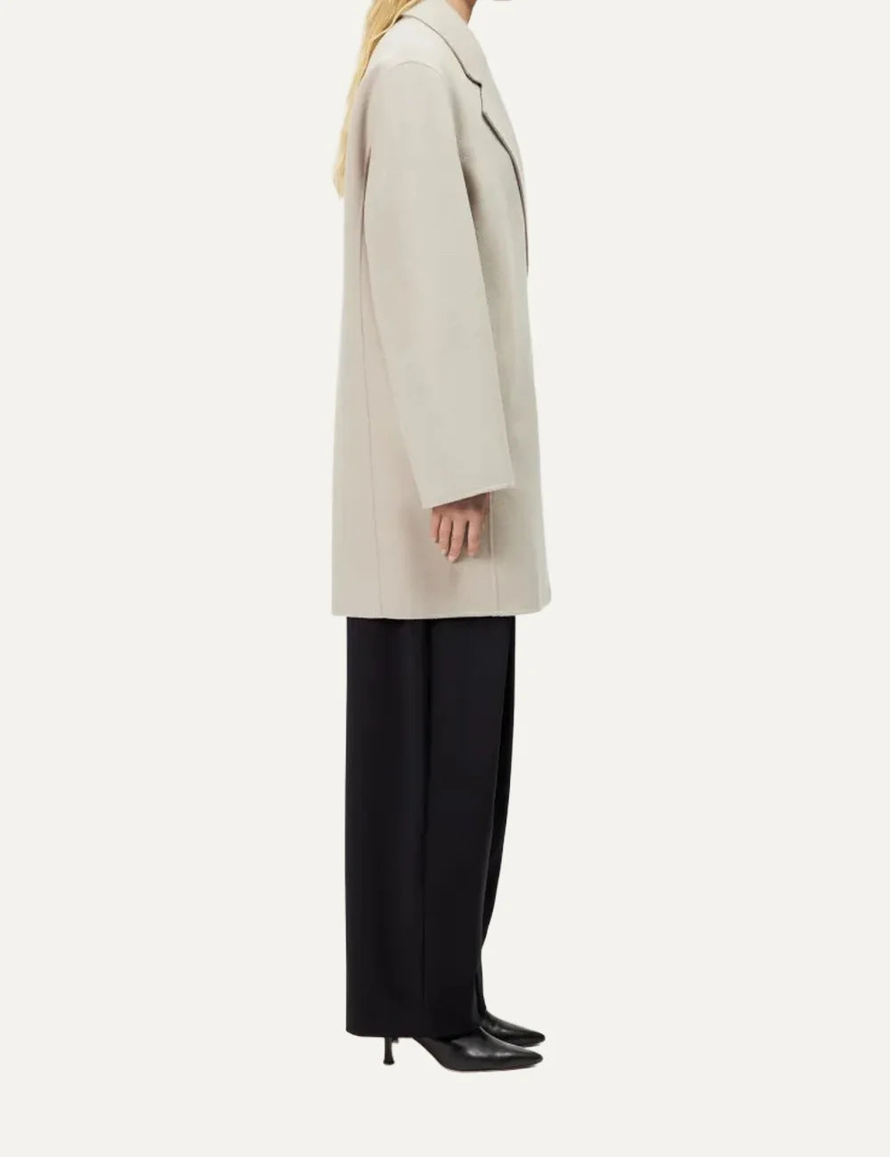 Drykorn women's Ryton ecru wool blend coat with a relaxed fit, notched lapels, two-button front closure and side pockets side