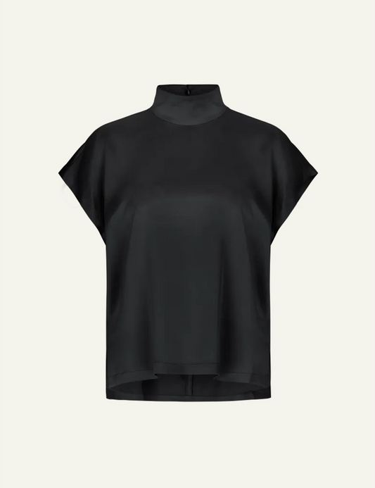 Women's DRYKORN satin blouse in black with stand collar and relaxed fit