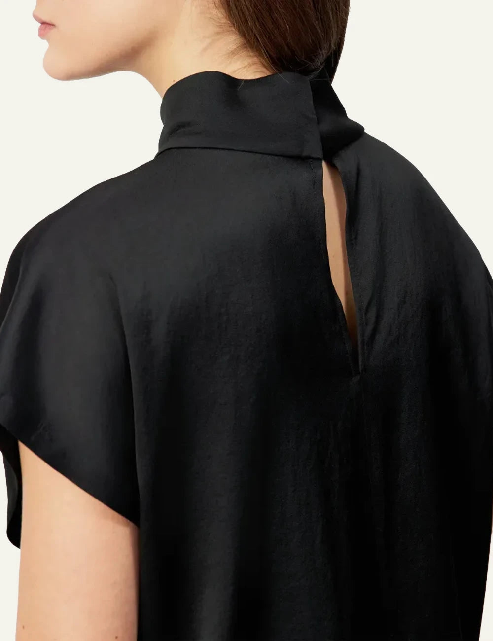 Women's DRYKORN satin blouse in black with stand collar and relaxed fit back detail
