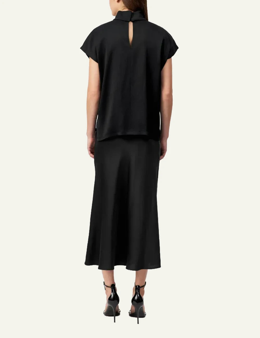 Women's DRYKORN satin blouse in black with stand collar and relaxed fit back