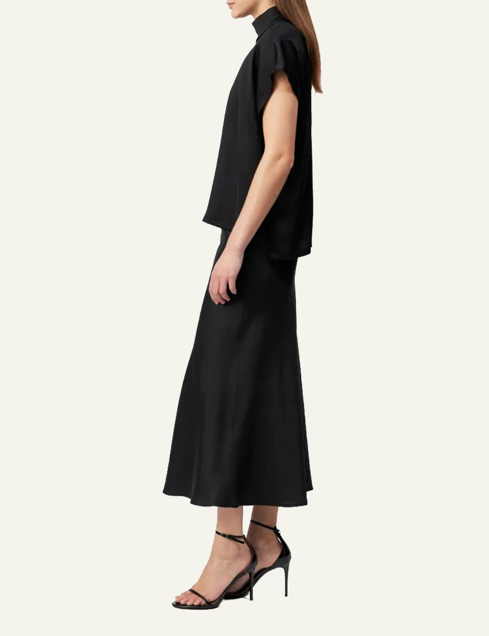 Women's DRYKORN satin blouse in black with stand collar and relaxed fit side