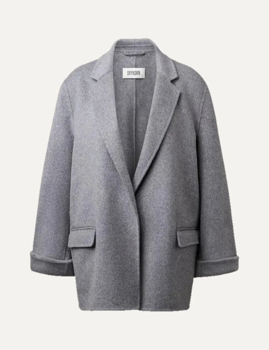 Drykorn women's Shenton grey melange oversized wool blend blazer with notch lapels, rolled cuffs, flap pockets and an open front.