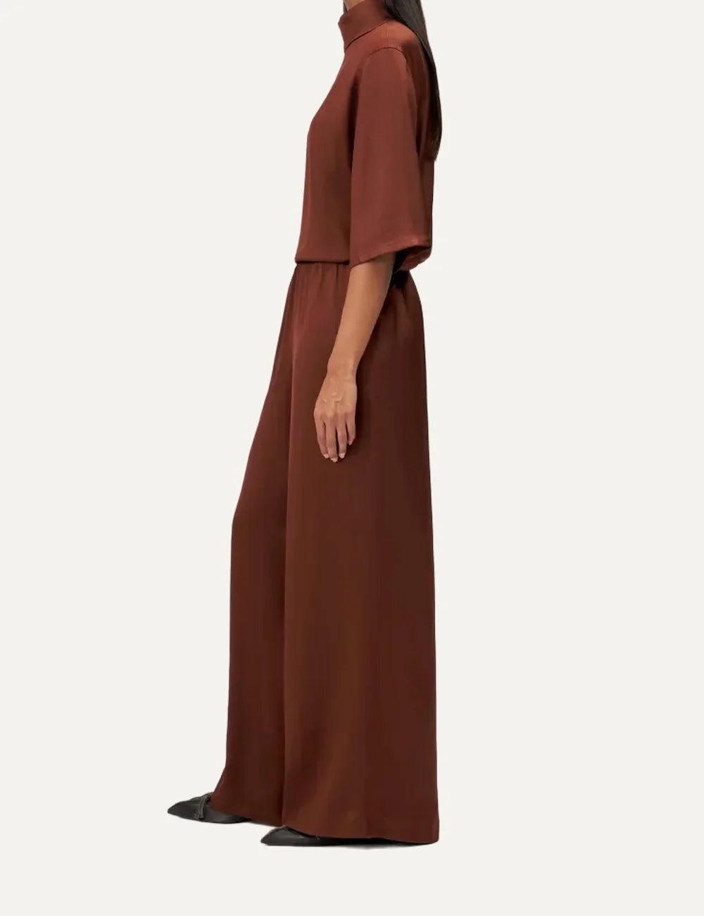 Drykorn women's terracotta satin wide-leg trousers with an elasticated gathered waistband and relaxed flowing silhouette side