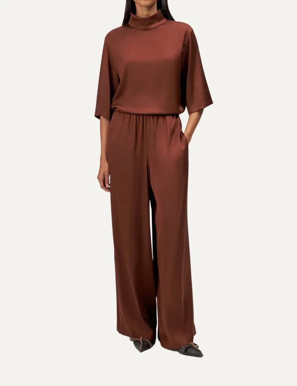 Drykorn women's terracotta satin wide-leg trousers with an elasticated gathered waistband and relaxed flowing silhouette full body
