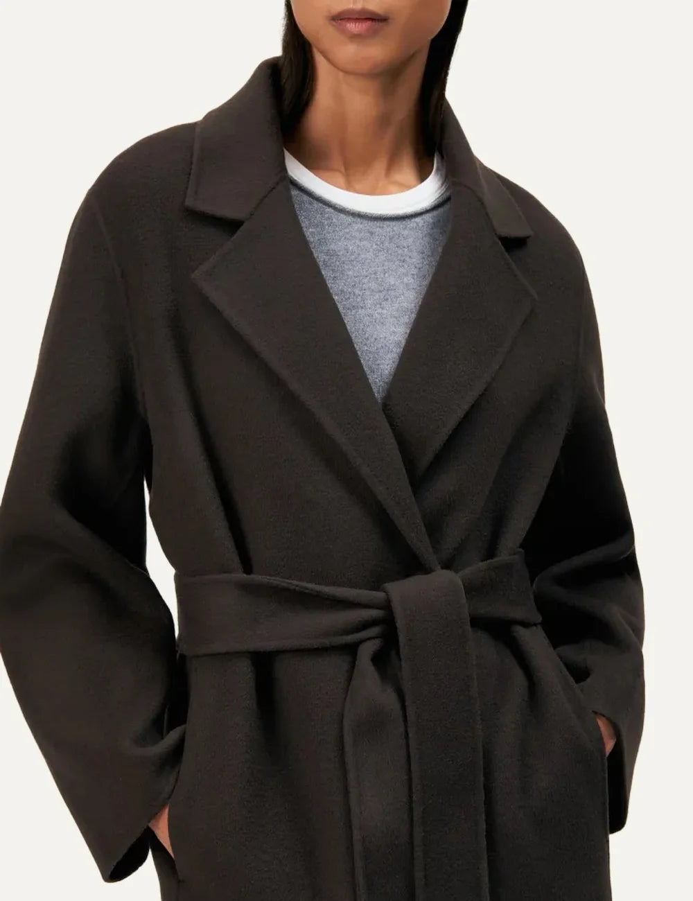 Drykorn women's Upavon dark brown long wool blend coat with wide lapels, double-breasted button closure and tie waist belt detail