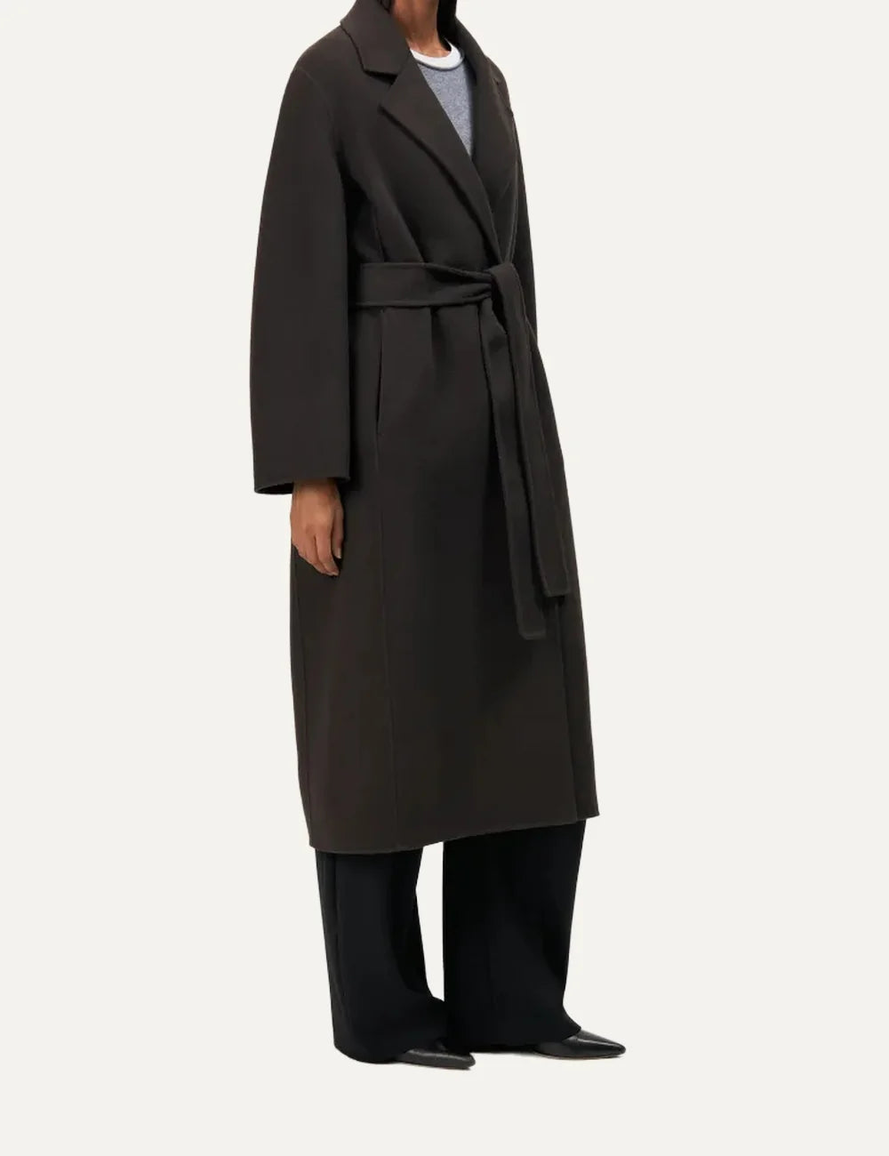 Drykorn women's Upavon dark brown long wool blend coat with wide lapels, double-breasted button closure and tie waist belt side