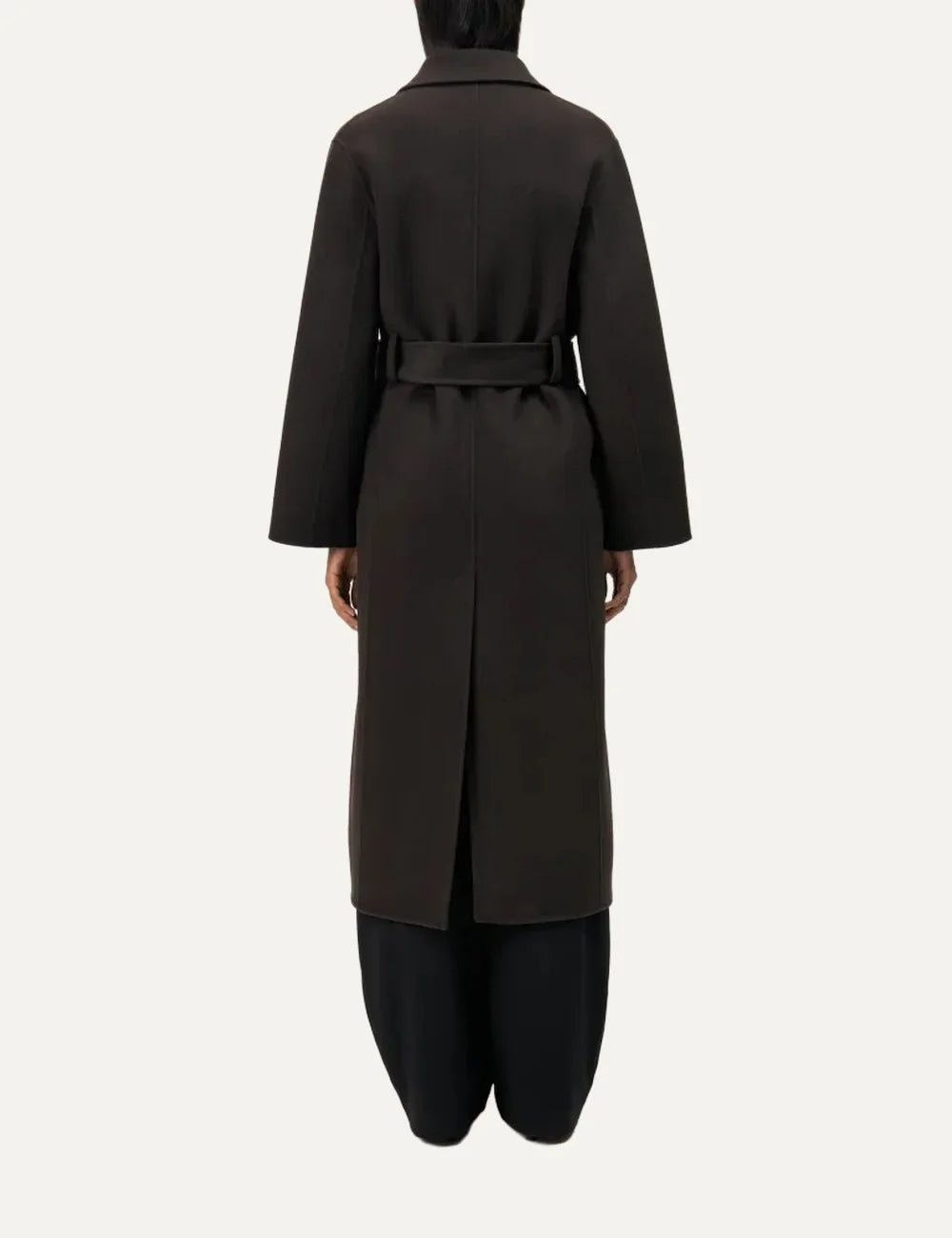 Drykorn women's Upavon dark brown long wool blend coat with wide lapels, double-breasted button closure and tie waist belt back