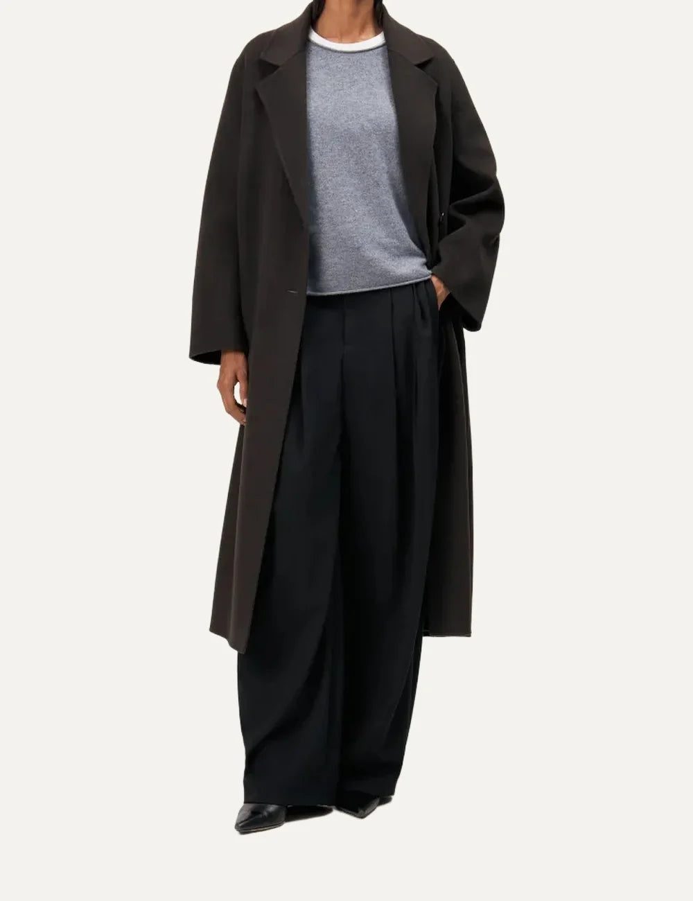 Drykorn women's Upavon dark brown long wool blend coat with wide lapels, double-breasted button closure and tie waist belt full body
